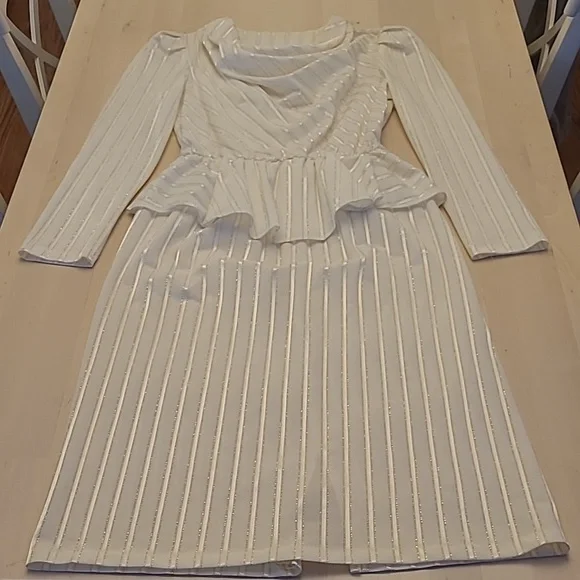 Vintage Dresses | Like New Vtg 1980s Peplum Cowl Neck Long Sleeved White/Silver/Gold Striped Dress | Color: Silver/White | Size: M | Notimposhable's